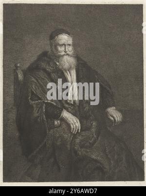 Portrait d'un vieil homme inconnu dans un fauteuil, Portrait d'un vieil homme inconnu dans un fauteuil. Genouillère, tournée vers la droite en position assise. Ses bras reposent sur le dossier de la chaise. L'homme est habillé d'une cape doublée de fourrure et porte une coiffe., estampe, imprimeur : Johannes Pieter de Frey, après peinture par : Rembrandt van Rijn, (possiblement), 1801, papier, gravure, hauteur, 221 mm × largeur, 167 mm Banque D'Images