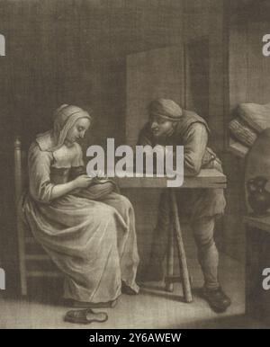 Couturière et un homme, dans une chambre une jeune femme s'assoit à coudre avec un coussin à coudre sur ses genoux. Un homme se penche sur une table et des montres., impression, imprimeur : Wallerant Vaillant, 1658 - 1677, papier, hauteur, 260 mm × largeur, 215 mm Banque D'Images