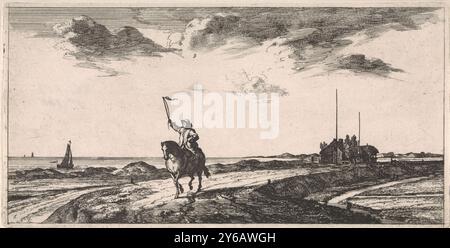 Facteur monte le long de la plage, carte postale (titre de la série), le facteur monte son cheval le long de la plage. Il signale à un navire de passage., impression, imprimeur : Joost van Geel, après sa propre conception par : Joost van Geel, éditeur : Jacob Quack, (peut-être), Rotterdam, en ou après 1666, papier, gravure, gravure, hauteur, 147 mm × largeur, 291 mm Banque D'Images