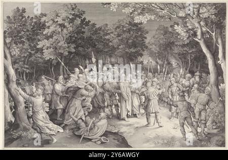 Baiser de Judas et arrestation de Christ, Christ et ses disciples dans le jardin de Gethsémani. Judas embrasse Christ sur la joue. Les soldats l'entourent et l'arrêtent. Peter tente de défendre le Christ et attaque l'un des soldats., imprimerie, imprimeur : Nicolaes de Bruyn, (mentionné sur l'objet), après dessin de : Nicolaes de Bruyn, (mentionné sur l'objet), Anvers, 1612 - 1615, papier, gravure, largeur, 663 mm × hauteur, 435 mm Banque D'Images