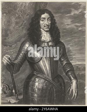 Portrait de Léopold Ier, Empereur d'Allemagne, Portrait de Léopold Ier, Empereur d'Allemagne, vêtu d'armures avec des attributs impériaux à côté de lui sur la table : couronne, orbe et sceptre. Draperie et paysage en arrière-plan., impression, imprimeur : Cornelis van Dalen (II), (mentionné sur l'objet), après peinture par : Pieter Nason, (mentionné sur l'objet), Amsterdam, 1648 - 1664, papier, gravure, hauteur, 347 mm × largeur, 284 mm Banque D'Images