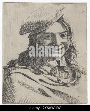 Titrage et douze figures Studies, buste d'un garçon souriant avec un béret, faciès Diversae in vsvm iuvenvm et aliorvm (titre de la série), Portrait d'un garçon souriant avec un béret, légèrement tourné vers la droite., estampe, imprimeur : Michael Sweerts, Bruxelles, 1656, papier, gravure, hauteur, 80 mm × largeur, 68 mm Banque D'Images