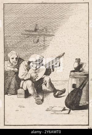 Fermier joue du luth, fermiers (titre de la série), Un fermier joue du luth. A gauche, une vieille femme écoute., print, print maker : anonyme, après design par : David Teniers (II), après print par : anonyme, pays-Bas, 1626 - 1740, papier, gravure, hauteur, 93 mm × largeur, 67 mm Banque D'Images