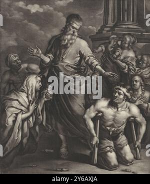 Paul guérit l'homme qui ne pouvait pas marcher, Pierre guérit un estropié devant le temple. La performance est basée sur le texte biblique de la Statenvertaling : actes 14:8-11. Lorsque les apôtres Paul et Barnabas arrivent à Lystre, un endroit dans la Turquie moderne, pour prêcher la foi chrétienne, Paul est entouré de quelques personnes. Certains sont malades, d'autres ont un handicap. Le terme générique du XVIIe siècle pour avoir un handicap dans les pieds ou les jambes était «boiteux». D'un geste, Paul, au nom de Dieu, guérit les pieds de l'homme sur des béquilles afin qu'il puisse marcher. En arrière-plan, vous pouvez voir une colonne du Banque D'Images