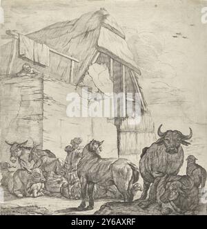 Bétail au repos devant une ferme, devant une ferme avec étable se dresse un berger avec un troupeau de vaches, de chèvres, de moutons et d'ânes. Le berger parle à une femme qui accroche le linge sur le toit de la maison., imprimerie, imprimeur : Jan van Ossenbeeck, après conception par : Pieter Bodding van Laer, (mentionné sur l'objet), éditeur : Giovanni Giacomo de'Rossi, (mentionné sur l'objet), Rome, 1647 - 1655, papier, gravure, hauteur, 328 mm × largeur, 315 mm Banque D'Images