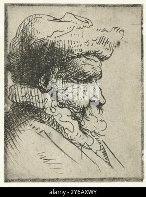 Buste d'homme, buste d'homme, et profil, avec une petite barbe, une casquette doublée de fourrure, un col plissé. Éclairé de la droite. Le fond est entièrement blanc, imprimeur, imprimeur : anonyme, imprimeur : Rembrandt van Rijn, (manière de), imprimeur : Pieter Jansz Quast, (attribution rejetée), pays-Bas, 1630 - 1700, papier, gravure, hauteur, 54 mm × largeur, 42 mm Banque D'Images