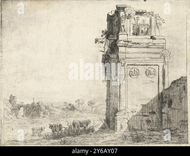 Ruine de l'Arc de Constantin à Rome, ruines romaines (titre de la série), estampe, imprimeur : Jan Gerritsz. Van Bronckhorst, après conception par : Cornelis van Poelenburch, pays-Bas, 1613 - 1661, papier, gravure, hauteur, 204 mm × largeur, 263 mm Banque D'Images