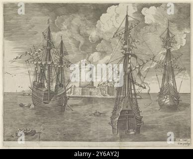 Trois navires de guerre ancrés à un phare, des navires à voile (titre de la série), trois navires de guerre ancrés à un phare fortifié. Some sloops between the Ships., print Maker : Frans Huys, (mentionné sur l'objet), après conception par : Pieter Bruegel (I), (mentionné sur l'objet), inconnu, (mentionné sur l'objet), Anvers, 1561 - 1565, papier, gravure, gravure, hauteur, 223 mm × largeur, 290 mm Banque D'Images