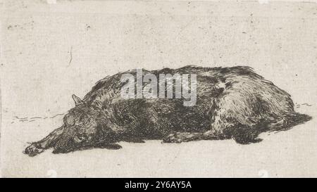 Chien endormi, Un chien dort sur le sol. Il a étendu son membre antérieur droit., imprimerie, imprimeur : Jan Weissenbruch, la Haye, (possiblement), 1837 - 1880, papier, gravure, hauteur, 51 mm × largeur, 83 mm Banque D'Images