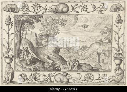 Abraham sacrifie Isaac, paysages avec des scènes bibliques, mythologiques et de chasse (titre de la série), paysage Hilly avec Abraham au premier plan gauche qui veut sacrifier son fils Isaac. Un ange apparaît dans le ciel et empêche le sacrifice. L'impression a un cadre ornemental avec des fleurs et des animaux. Il fait partie d'une série de vingt-quatre parties de paysages avec des scènes bibliques, mythologiques et de chasse., estampe, imprimeur : Adriaen Collaert, (mentionné sur l'objet), après conception par : Hans bol, (mentionné sur l'objet), éditeur : Claes Jansz. Visscher (II), (mentionné sur l'objet), prin Banque D'Images