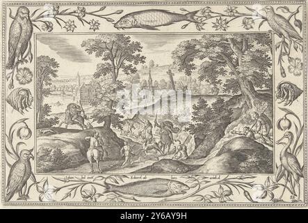 Chasse au cerf, paysages avec des scènes bibliques, mythologiques et de chasse (titre de la série), paysage forestier avec chasse au cerf. Au premier plan, un cerf est chassé par des chasseurs. L'impression a un cadre ornemental avec des fleurs, des poissons et des animaux. Il fait partie d'une série de vingt-quatre parties de paysages avec des scènes bibliques, mythologiques et de chasse., estampe, imprimeur : Adriaen Collaert, (mentionné sur l'objet), après conception par : Hans bol, (mentionné sur l'objet), éditeur : Eduwart van Hoeswinckel, (mentionné sur l'objet), Anvers, 1582 - 1586, papier, gravure, hauteur, 141 mm × largeur, 210 mm Banque D'Images