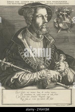 Portrait de Jan Beukelszoon van Leiden, Portrait de Jan Beukelszoon van Leiden, chef et roi autoproclamé des anabaptistes à Münster. Une chaîne autour de son cou, un sceptre sous son bras et une Bible et un pamphlet dans ses mains. En haut à droite un orbe couronné, percé de deux épées. En bas un verset de quatre lignes en latin., impression, imprimeur : Jan Harmensz. Muller, après impression par : Heinrich Aldegver, (mentionné sur l'objet), éditeur : Clément de Jonghe, (mentionné sur l'objet), Amsterdam, 1613 - 1617 et, ou 1643 - 1677, papier, gravure, hauteur, 316 mm × largeur, 227 mm Banque D'Images