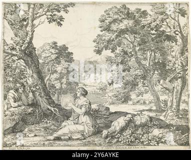 Joueur de tambourin, Une bergère assise sur le sol dans un paysage. Elle frappe le tambourin en regardant un homme qui écoute. Collines et rivière en arrière-plan., estampe, imprimeur : Franciscus de Neve, (mentionné sur l'objet), après conception par : Franciscus de Neve, (mentionné sur l'objet), éditeur : Giovanni Giacomo de'Rossi, (mentionné sur l'objet), Rome, 1660 - 1666, papier, gravure, hauteur, 311 mm × largeur, 396 mm Banque D'Images