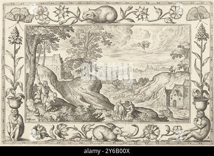 Abraham sacrifie Isaac, paysages avec des scènes bibliques, mythologiques et de chasse (titre de la série), paysage Hilly avec Abraham au premier plan gauche qui veut sacrifier son fils Isaac. Un ange apparaît dans le ciel et empêche le sacrifice. L'impression a un cadre ornemental avec des fleurs et des animaux. Il fait partie d'une série de vingt-quatre parties de paysages avec des scènes bibliques, mythologiques et de chasse., estampe, imprimeur : Adriaen Collaert, (mentionné sur l'objet), après conception par : Hans bol, (mentionné sur l'objet), éditeur : Reinier Ottens (I), (mentionné sur l'objet), imprimeur: Banque D'Images