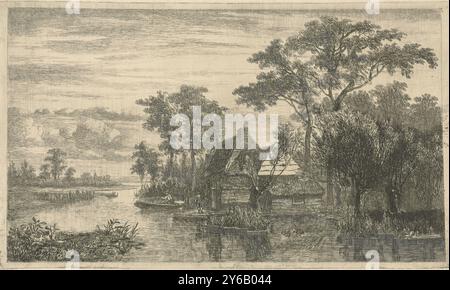 Vue sur la rivière avec pêcheurs, Une rivière avec quelques maisons et deux pêcheurs sur le bord de l'eau. Au premier plan un groupe de canards et deux saules pollards. En arrière-plan les contours d'une église., impression, imprimeur : Hermanus Jan Hendrik Rijkelijkhuizen, Utrecht, 1823 - 1883, papier, gravure, pointe sèche, hauteur, 214 mm × largeur, 365 mm Banque D'Images