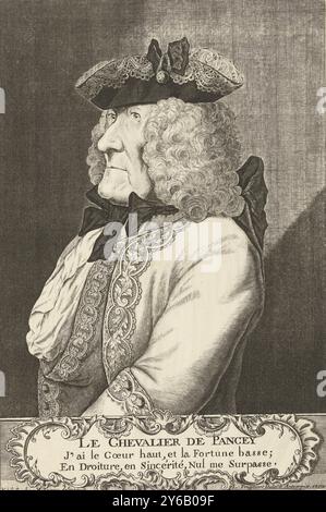 Portrait du chevalier de Pancey, buste Portrait à gauche du chevalier de Pancey, avec chapeau. Sous le portrait, un cartouche contient le nom de la personne représentée et un texte de deux lignes en français., estampe, imprimeur : Lodewijk Joseph Fruytiers, (mentionné sur l'objet), après dessin par : Hibernus, (mentionné sur l'objet), anonyme, Anvers, 1752, papier, gravure, gravure, hauteur, 345 mm × largeur, 232 mm Banque D'Images