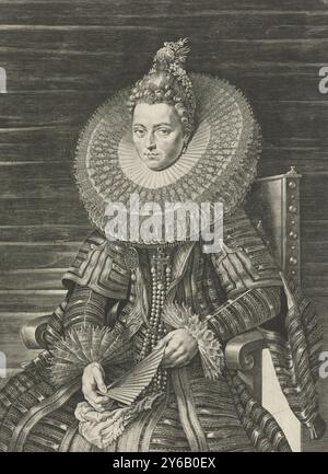 Portrait d'Isabella Clara Eugenia, Infante d'Espagne, Portrait d'Isabella Clara Eugenia, Infante d'Espagne et Gouverneur des pays-Bas, assise sur une chaise. Elle porte un collier en dentelle et tient un éventail dans ses mains., print, print maker : Jan Harmensz. Muller, après peinture par : Peter Paul Rubens, Amsterdam, 1615, papier, gravure, hauteur, 375 mm × largeur, 272 mm Banque D'Images