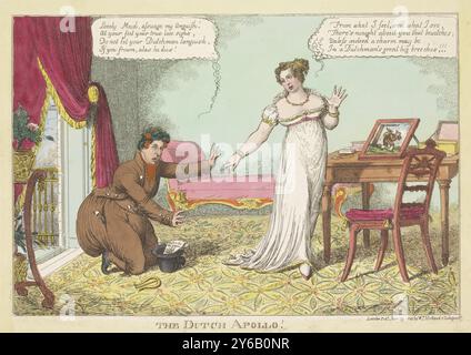 L'Apollo hollandais, 1814, l'Apollo hollandais ! (Titre sur objet), Cartoon on on Willem Frederik George Lodewijk, Prince d'Orange-Nassau (futur roi Guillaume II), qui déclare désespérément son amour pour la princesse anglaise Charlotte. Le prince est représenté comme un Hollandais en vêtements paysans avec un énorme derrière. Il s'agenouille devant elle avec la couronne de laurier d'Apollon sur sa tête, son chapeau et une harpe à bouche gisent devant lui sur le tapis. Sur le bureau de la princesse se trouve une image d'un Hollandais déçu retournant en Hollande. Charlotte a rompu ses fiançailles avec le prince d'Orange le 16 juin 1814., print, print ma Banque D'Images