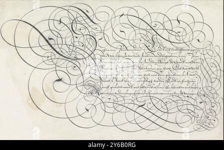 Dessin d'un exemple d'écriture : sehen (...), Spieghel der rijkonste (titre de la série), dessin calligraphique avec S initial et huit lignes de texte en allemand : sehen ... en bas un alphabet minuscule dans la main correspondante. Le texte est encadré par défilement. Le dessin fait partie d'un album., dessin, Jan van de Velde (I), (mentionné sur l'objet), Rotterdam, 1605, papier, stylo, calligraphie, hauteur, 189 mm × largeur, 302 mm Banque D'Images