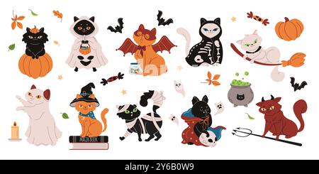 Jeu de caractères vectoriels de couleur plate magique de chats d'Halloween Illustration de Vecteur