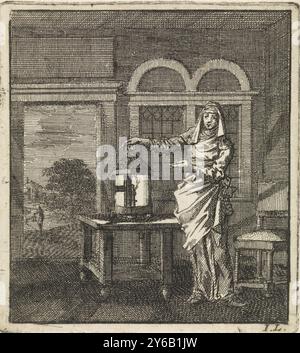 Femme pose une lanterne brûlante sur une table, les lanternes, estampe, imprimeur : Jan Luyken, (mentionné sur l'objet), éditeur : weduwe Pieter Arentsz & Cornelis van der Sys (II), Amsterdam, 1711, papier, gravure, hauteur, 96 mm × largeur, 86 mm Banque D'Images