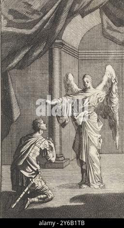 Cornelius s'agenouille devant l'ange envoyé à lui, impression, imprimeur : anonyme, après impression par : Jan Luyken, Amsterdam, 1712, papier, gravure, hauteur, 135 mm × largeur, 72 mm Banque D'Images