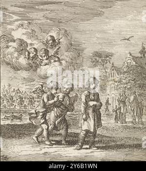 Enfant courant chassé par deux anges, L'enfant doit être obéissant, imprimé, imprimeur : Jan Luyken, éditeur : weduwe Pieter Arentsz (II), éditeur : Cornelis van der Sys, Amsterdam, 1712, papier, gravure, typographie, hauteur, 96 mm × largeur, 85 mm Banque D'Images