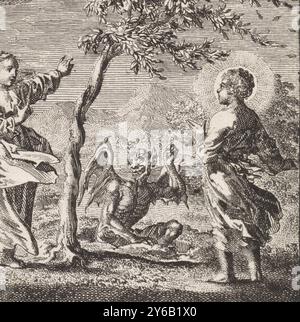 Christ et l'âme personnifiée dans une tempête, Jésus et l'âme voient un arbre mince se plier sous le vent de tempête, impression, imprimeur : Jan Luyken, Amsterdam, 1714, papier, gravure, hauteur, 89 mm × largeur, 75 mm Banque D'Images