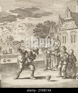 Enfants jouant avec une toupie, de Drijftol, imprimeur : Jan Luyken, imprimeur : Zacharias Chatelain (II), éditeur : weduwe Pieter Arentsz (II), Amsterdam, 1712, papier, gravure, typographie, hauteur, 96 mm × largeur, 86 mm Banque D'Images