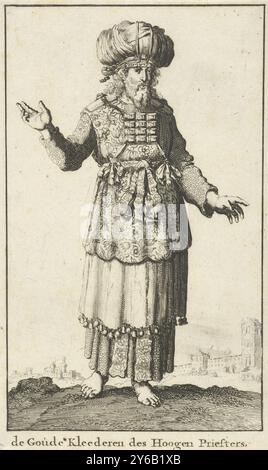 Grand prêtre en vêtements liturgiques (variante A), de Goude Kleederen des Hoogen Priesters (titre sur objet), estampe, imprimeur : Jan Luyken, éditeur : Willem Goeree, Amsterdam, 1682, papier, gravure, hauteur, 141 mm × largeur, 85 mm Banque D'Images