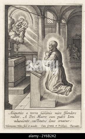 Ignace de Loyola a une vision de Marie avec le Christ enfant, vie d'Ignace de Loyola (titre de la série), Vita B.P. Ignace de Loyola Fvndatoris Societatis Iesv (titre de la série), Ignace de Loyola, flottant devant un autel dans une église. Il est en prière et a une vision de Marie et du Christ enfant sur les nuages. L'enfant fait un geste de bénédiction. Dans la marge une légende de trois lignes en latin., estampe, imprimeur : Hieronymus Wierix, (mentionné sur l'objet), d'après son propre design par : Hieronymus Wierix, éditeur : Hieronymus Wierix, (mentionné sur l'objet), Anvers, 1611 - 1615, papier, gravure, hauteur, 103 Banque D'Images