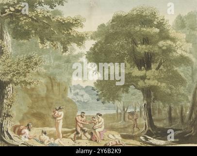 Nymphes et satyres dans un paysage. Dans un paysage forestier, plusieurs nymphes et satyres sont assis dans une clairière avec leurs enfants. Au milieu une nymphe avec un petit satyre sur ses genoux qui peut jouer de la flûte pan. Sur la droite, un satyre s'approche avec un panier de fruits sur la tête. En arrière-plan un lac forestier., impression, imprimeur : Martinus Berkenboom, (mentionné sur l'objet), après conception par : Herman van Swanevelt, (mentionné sur l'objet), Nimègue, c. 1650 - c. 1715, papier, gravure, hauteur, 185 mm × largeur, 250 mm Banque D'Images