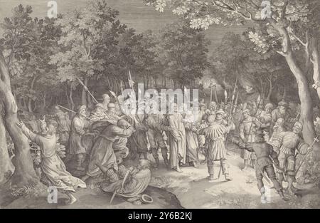 Baiser de Judas et arrestation de Christ, Christ et ses disciples dans le jardin de Gethsémani. Judas embrasse Christ sur la joue. Les soldats l'entourent et l'arrêtent. Peter tente de défendre le Christ et attaque l'un des soldats., imprimerie, imprimeur : Nicolaes de Bruyn, (mentionné sur l'objet), après dessin de : Nicolaes de Bruyn, (mentionné sur l'objet), Anvers, 1612, papier, gravure, largeur, 662 mm × hauteur, 433 mm Banque D'Images