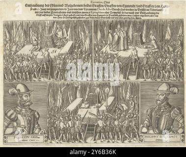 La décapitation d'Egmont et Horne, la décapitation des comtes d'Egmond et Horne, 1568, exécution, Oder Enthaubtung der Edlen Wolgebornenboth graves, Graffen von Egmondt, und Graff von Horn, donc Am 5. Juin vergangs des 68. Jars von dem tyrants Duc de Alba Gericht sind zijn zu Brussel im Niderlandt (...) (titre sur objet), la décapitation des comtes d'Egmond et Horne, 5 juin 1568, en cinq scènes. Ci-dessus deux scènes dans lesquelles les comtes s'agenouillent sur l'échafaudage tandis que le bourreau à l'épée monte les marches vers l'échafaudage, à gauche Horne, à droite Egmond. Au bas de l'échafaudage Banque D'Images