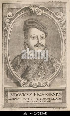 Portrait de Luis de Requesens y de Zuñiga, Portrait dans un cadre décoré avec légende en latin. Numéroté en haut à droite : Dec. i. page 216., estampe, imprimeur : Anton Tischler, (mentionné sur l'objet), éditeur : Emmerich Felix Bader, Vienne, 1731 - 1780, papier, gravure, gravure, hauteur, 266 mm × largeur, 169 mm Banque D'Images