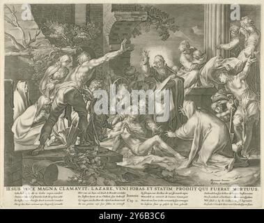 Ressuscitant Lazare, Christ ressuscite Lazare d'entre les morts. Les spectateurs réagissent dans la surprise et l'étonnement. Au bas de la marge il y a une ligne de texte en latin et quatre versets de quatre lignes en néerlandais., print, print Maker : anonyme, après print by : Jan Harmensz. Muller, d'après la conception de : Abraham Bloemaert, (mentionné sur l'objet), Amsterdam, 1601 - 1652, papier, gravure, hauteur, 407 mm × largeur, 515 mm Banque D'Images