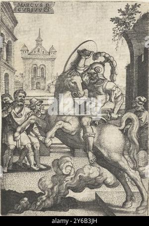 Marcus Curtius se jette dans un gouffre, Marcvs Cvrivs (titre sur objet), héros romains (titre de la série), Marcus Curtius se sacrifie pour fermer un grand gouffre dans la terre à Rome. En pleine armure et à cheval, il plonge dans la gorge., estampe, imprimeur : Georg Pencz, (mentionné sur l'objet), d'après sa propre conception par : Georg Pencz, Allemagne, 1535, papier, gravure, hauteur, 115 mm × largeur, 80 mm Banque D'Images