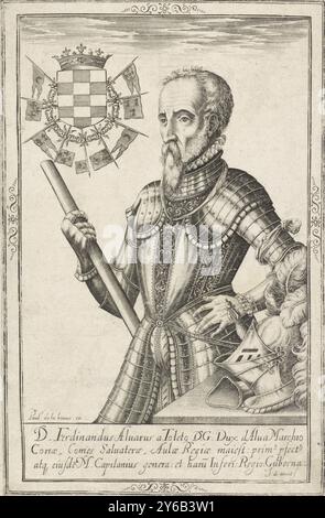 Portrait de Don Fernando Álvarez de Toledo, Portrait de Don Fernando Álvarez de Toledo, troisième duc d'Alva, en armure. À côté de lui se trouve un casque avec des plumes. Sur la gauche se trouve un blason couronné avec divers drapeaux. En dessous de la scène se trouve un texte latin de trois lignes avec une explication du sitter., estampe, imprimeur : Jacob de Weert, (mentionné sur l'objet), éditeur : Paul de la Houve, (mentionné sur l'objet), Paris, (éventuellement), 1588 - 1614, papier, gravure, hauteur, 199 mm × largeur, 129 mm Banque D'Images