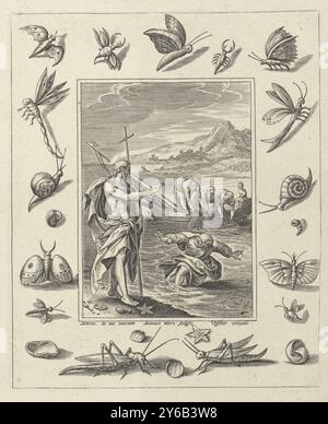 Prise miraculeuse de poissons, passion du Christ (titre de la série), le Christ apparaît sur la rive de la mer de Galilée. Christ ordonne à ses disciples d'entrer dans le bateau pour ramasser les filets. Il y a tellement de poissons dedans qu'ils ont de la difficulté à traîner le filet dans le bateau. Pierre marche sur l'eau vers Christ. La scène est contenue dans un cadre décoratif orné d'insectes et de coquillages., estampe, imprimeur : Antonie Wierix (II), (mentionné sur l'objet), d'après conception par : Maerten de vos, (mentionné sur l'objet), éditeur : Claes Jansz. Visscher (II), (mentionné sur l'objet), imprimeur : Anvers, éditeur : a Banque D'Images