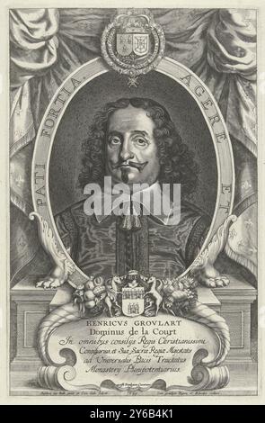 Portrait de Henri Groulart, Celeberrimi ad pacificandum Christiani nominis orbem legati Monasterium et Osnabrugas (...) (titre de la série), Portrait de Henri Groulart, dans un cadre décoratif ovale avec écussons de famille. Avec pour devise : Agere et pati fortia. Derrière le cadre une draperie avec des lys français., impression, imprimeur : Cornelis Galle (II), (mentionné sur l'objet), imprimeur : Cornelis Galle (I), (mentionné sur l'objet), après peinture par : Anselm van Hulle, (mentionné sur l'objet), imprimeur : Anvers, imprimeur : Sud des pays-Bas, 1649, papier, gravure, hauteur, 298 mm × largeur, 194 mm Banque D'Images