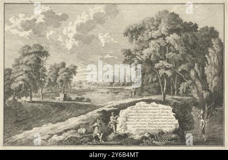 Paysage de la rivière Arcadienne avec femme et enfant, titre imprimé pour : trente pièces de paysages en Italie comme Duytslandt, paysages italiens et allemands (titre de la série), paysage de la rivière Arcadienne avec femme et enfant. Au premier plan, deux bergers et une femme avec une cruche sur la tête. Tirage titre d'une série de trente tirages représentant des paysages italiens et allemands., tirage, imprimeur : Adolf van der Laan, (mentionné sur l'objet), après conception par : Johannes Glauber, (mentionné sur l'objet), éditeur : Leonard Schenk, (mentionné sur l'objet), Amsterdam, 1710 - 1747, papier, gravure, hauteur, 242 mm × largeur, Banque D'Images