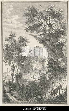 Paysage montagneux avec des cerfs, paysage montagneux avec des cerfs et deux randonneurs regardant sur la région à partir d'un point élevé. Au loin sur la gauche est une colonne commémorative entourée de trois figures., impression, imprimeur : Simon Fokke, Amsterdam, 1722 - 1784, papier, gravure, hauteur, 135 mm × largeur, 87 mm Banque D'Images