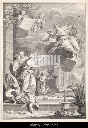 Poésie en conversation avec des figures allégoriques, page de titre pour : Arnold Hoogvliet, Zydebalen, poème de cour, 1740, poésie descendant d'un nuage dans un jardin, en conversation avec les figures allégoriques féminines hospitalité, amitié et politesse. Au premier plan, trois putti symbolisant Koopzorg (avec caduceus), Mechanics (avec carré) et Landvreugd (avec roue). Deux putti volent dans l'air avec un tissu avec le titre en néerlandais., impression, imprimeur : Jan Punt, (mentionné sur l'objet), d'après sa propre conception par : Jan Punt, (mentionné sur l'objet), Amsterdam, 1740, papier, gravure, gravure, hauteur, 238 mm × Banque D'Images