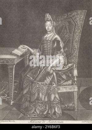 Portrait de Françoise d'Aubigny marquise de Maintenon, Portrait de Madame de Maintenon, maîtresse de Louis XIV de France. Elle est assise à une table avec un livre ouvert., imprimeur, imprimeur : Cornelis Danckerts (I), (mentionné sur l'objet), éditeur : Cornelis Danckerts (I), (mentionné sur l'objet), Amsterdam, 1650 - 1656, papier, gravure, hauteur, 250 mm × largeur, 185 mm Banque D'Images