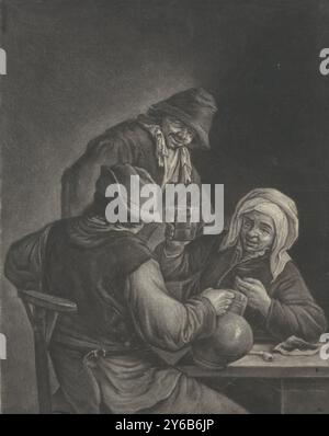 Deux fermiers et une vieille femme. Une vieille femme et un fermier sont assis à une table buvant. Une troisième personne est debout à la table., impression, imprimeur : Jacob Gole, après conception par : Adriaen van Ostade, Amsterdam, 1670 - 1724, papier, hauteur, 235 mm × largeur, 175 mm Banque D'Images