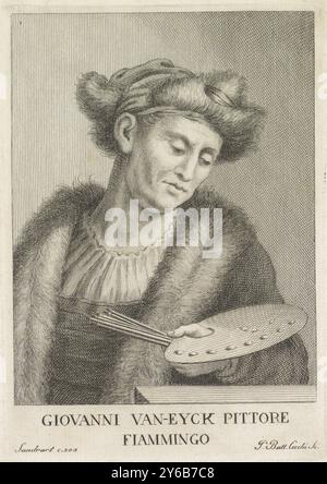 Portrait de l'artiste Jan van Eyck, Portraits d'artistes (titre de la série), estampe, imprimeur : Giovanni Battista Cecchi, (mentionné sur l'objet), imprimeur : Domenico Marzi, après dessin par : Ignazio Enrico Hugford, imprimeur : Italie, imprimeur : Florence, après dessin par : Italie, éditeur : Florence, 1769 - 1775, papier, gravure, hauteur, 170 mm × largeur, 120 mm Banque D'Images