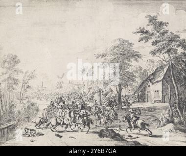 Les Espagnols sous Don Cantelmo sont vaincus à Borgerhout, en 1643, bataille de Borgerhout près d'Anvers au cours de laquelle une armée espagnole de Don Andrea Cantelmo sous le commandement de Don Juan de Borges est vaincue par les troupes de l'État sous le commandement du prince Willem II, le 4 septembre 1643. Combat équestre dans le village. Marqué en haut à droite : deuxième partie Fol : 146., impression, imprimeur : Dirk Stoop, (mentionné sur l'objet), après impression par : anonyme, pays-Bas, 1651 - 1652, papier, gravure, hauteur, 273 mm × largeur, 344 mm Banque D'Images