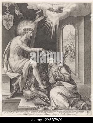 Triomphe de l'Église, scène allégorique avec le Christ comme marié (Sponsus) qui couronne son épouse (Sponsa) qui s'agenouille devant lui. La femme tient une branche de palmier dans ses mains. Christ est assis sur un trône et pivote la mort, qui est représentée comme un squelette, et le diable. Le Saint-esprit apparaît au-dessus du couple nuptial sous la forme d'une colombe. Par une porte, vous pouvez voir le portage du Christ et des criminels et le Mont Golgotha avec les trois croix. En haut à gauche un blason avec les instruments de la passion. Dans la marge une légende de six lignes, en trois colonnes, en latin., print, imprimeur : Crispijn Banque D'Images