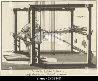 Homme au métier à tisser, le métier à faire le velours. Le métier à tisser le velours (titre sur objet), différents métiers (titre de la série), tirage d'une série avec des représentations de différents métiers., tirage, imprimeur : Frans de Bakker, (mentionné sur objet), Amsterdam, 1747, papier, gravure, hauteur, 145 mm × largeur, 185 mm Banque D'Images