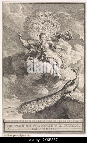 Juno dans les nuages, le Paon se plaignent à Junon. Fable XXXIX. (Titre sur objet), Junon est assis sur les nuages, accompagné de deux paons. Illustration de la fable XXXIX le Paon se plaignent à Junon., estampe, imprimeur : Jan Punt, (mentionné sur l'objet), après dessin par : Jan Punt, (mentionné sur l'objet), Amsterdam, 1759, papier, gravure, gravure, hauteur, 134 mm × largeur, 84 mm Banque D'Images